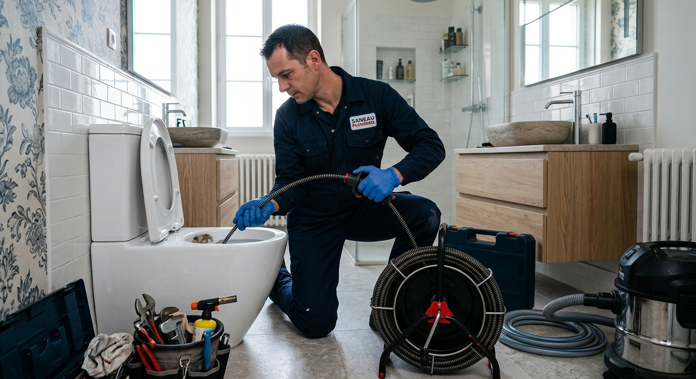 Plombier débouchant des WC avec un furet électrique à Fontenay-sous-Bois